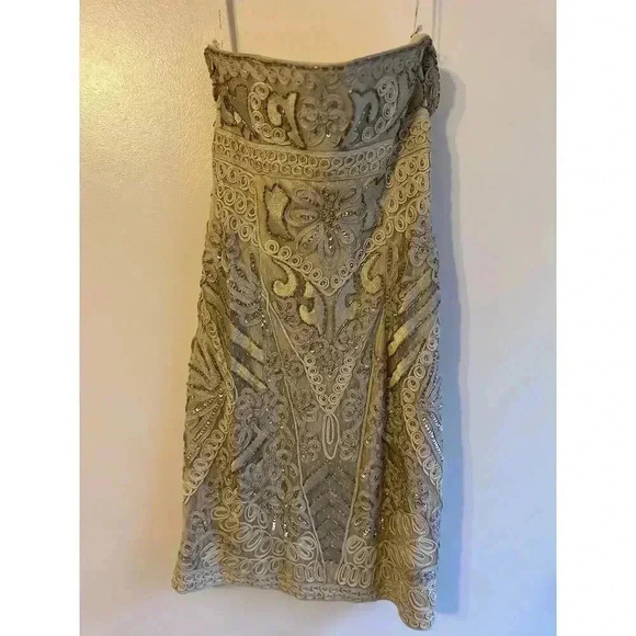 Sue Wong Nocturn Strapless Cocktail Beaded Soutache Mini Sheath Dress Beige 4 - Picture 5 of 10